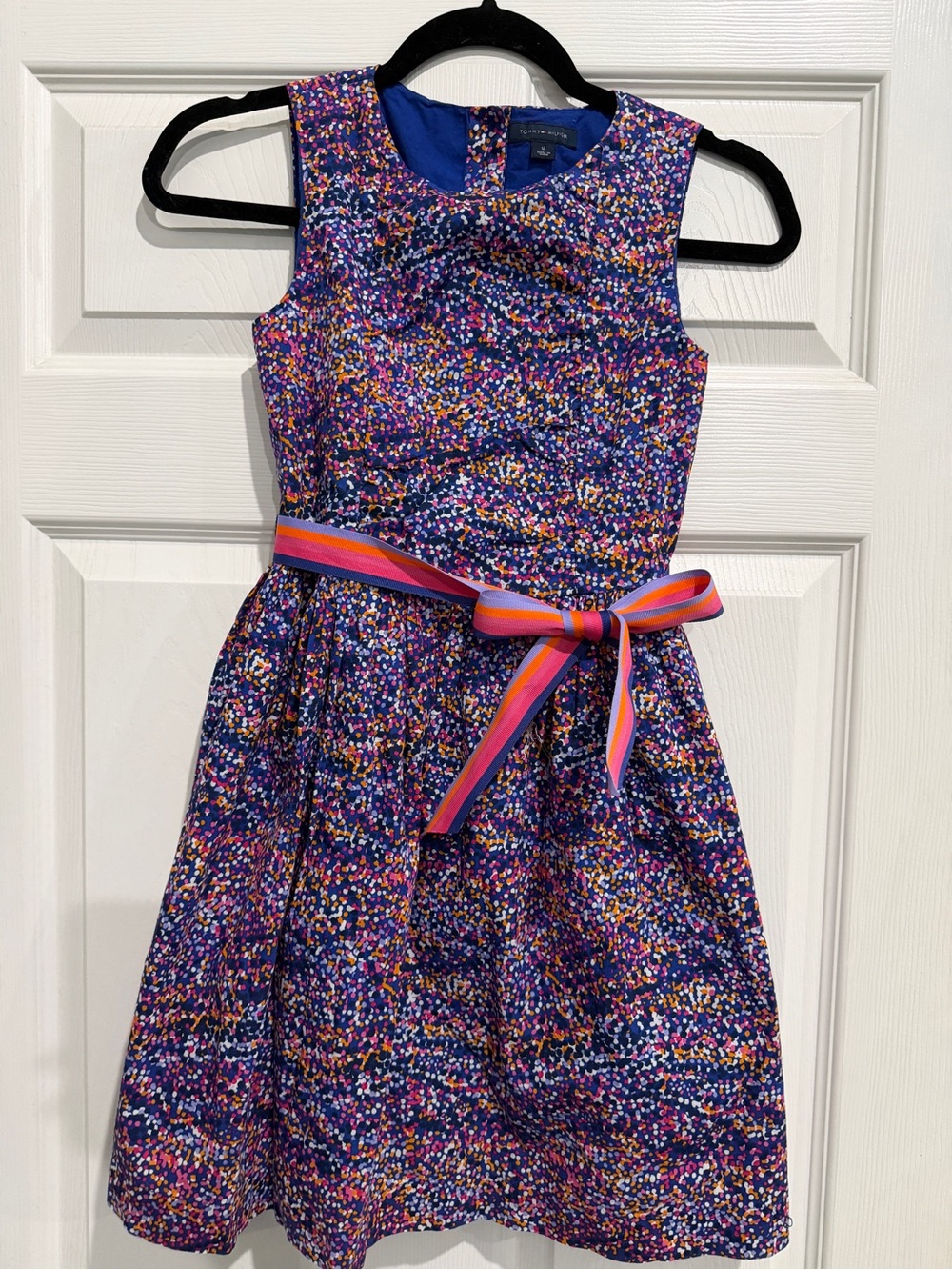 Girls' Royal Blue Confetti Print Party Dress with Striped Bow